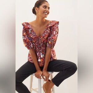 Anthropologie Maeve Ruffled Tie-Front Blouse Zebra Floral XL